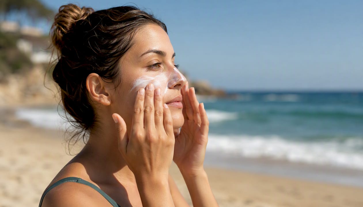 Woman applying sunscreen on face outdoors