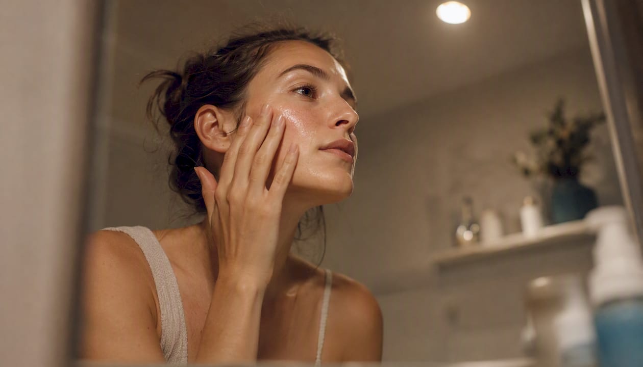 Woman applying hydrating serum on damp skin