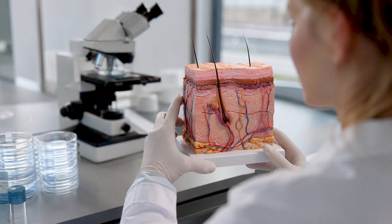 Close-up cross-section of skin layers showing epidermis