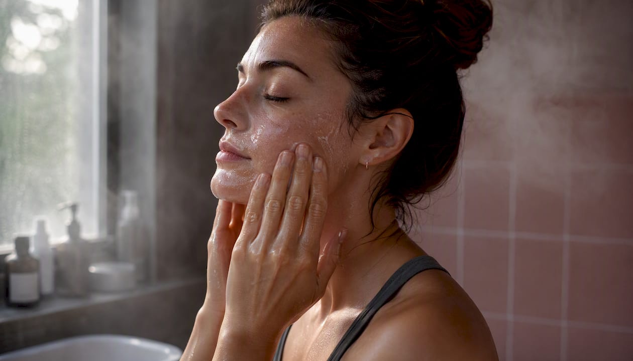 Hands massaging oil cleanser on dry face