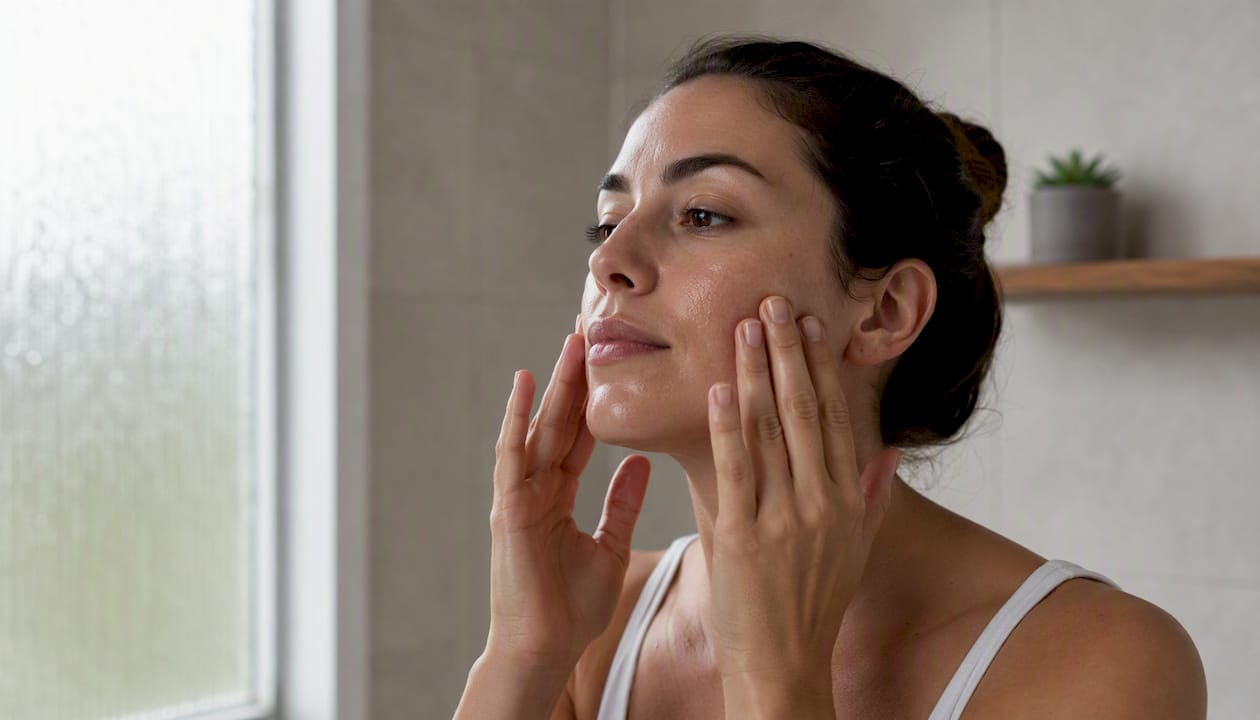 Hands applying vitamin C serum on damp face