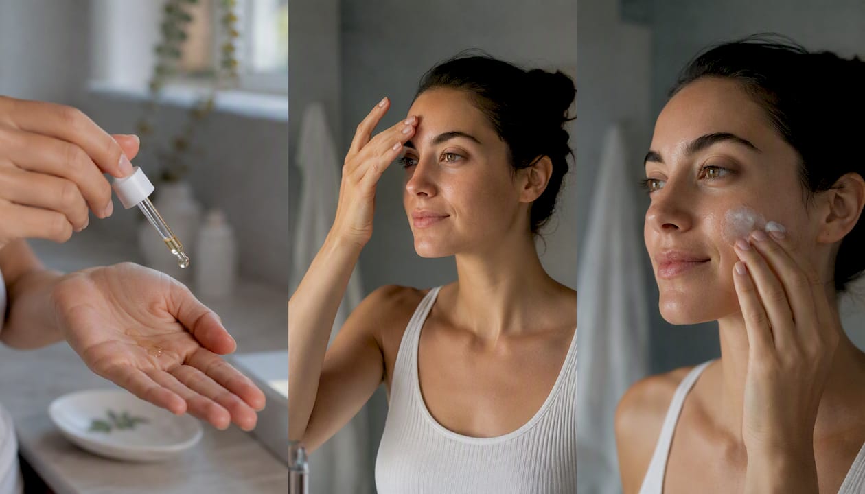 Hands applying vitamin C serum in stepwise skincare routine