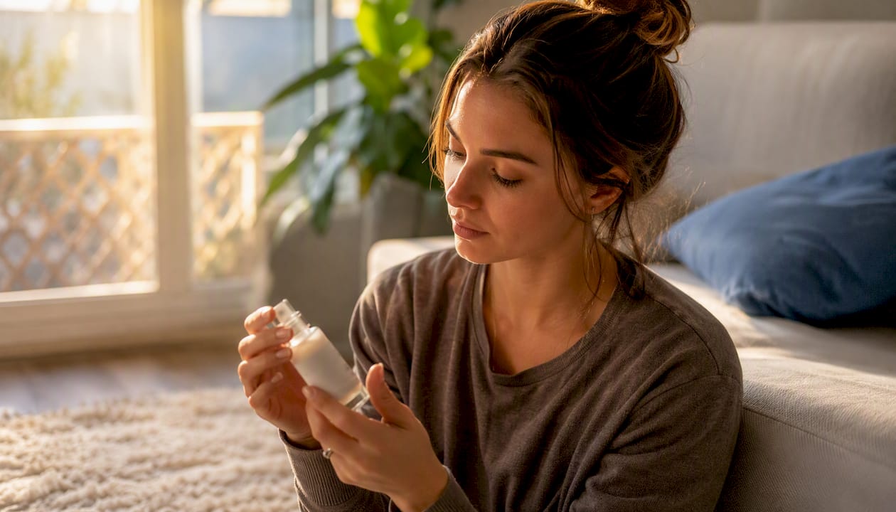 Woman reading skincare product label