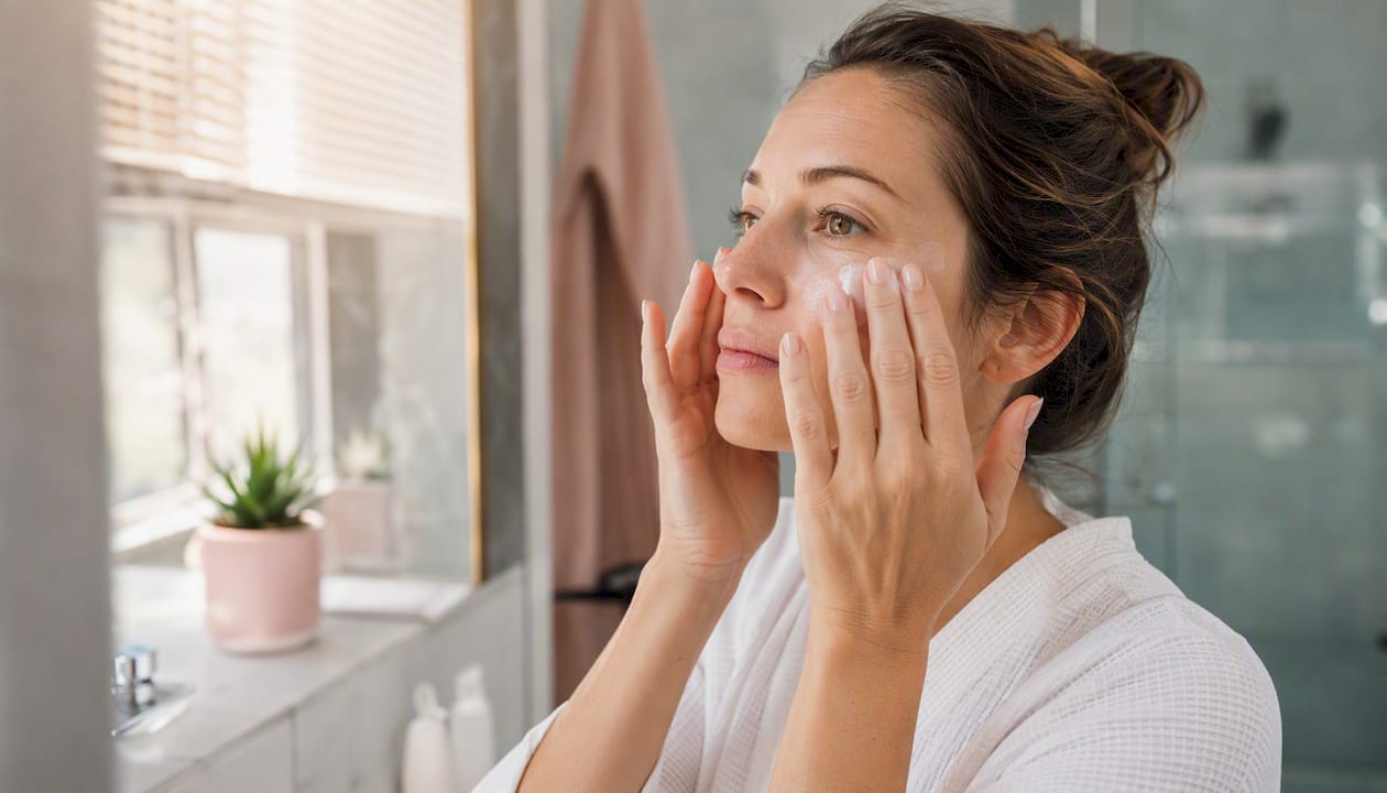 Woman applying sunscreen on face