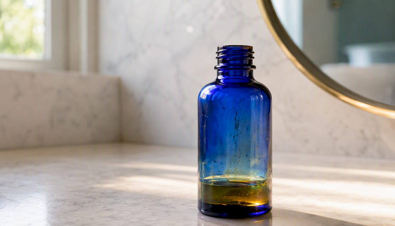Close-up of oxidized vitamin C serum bottle