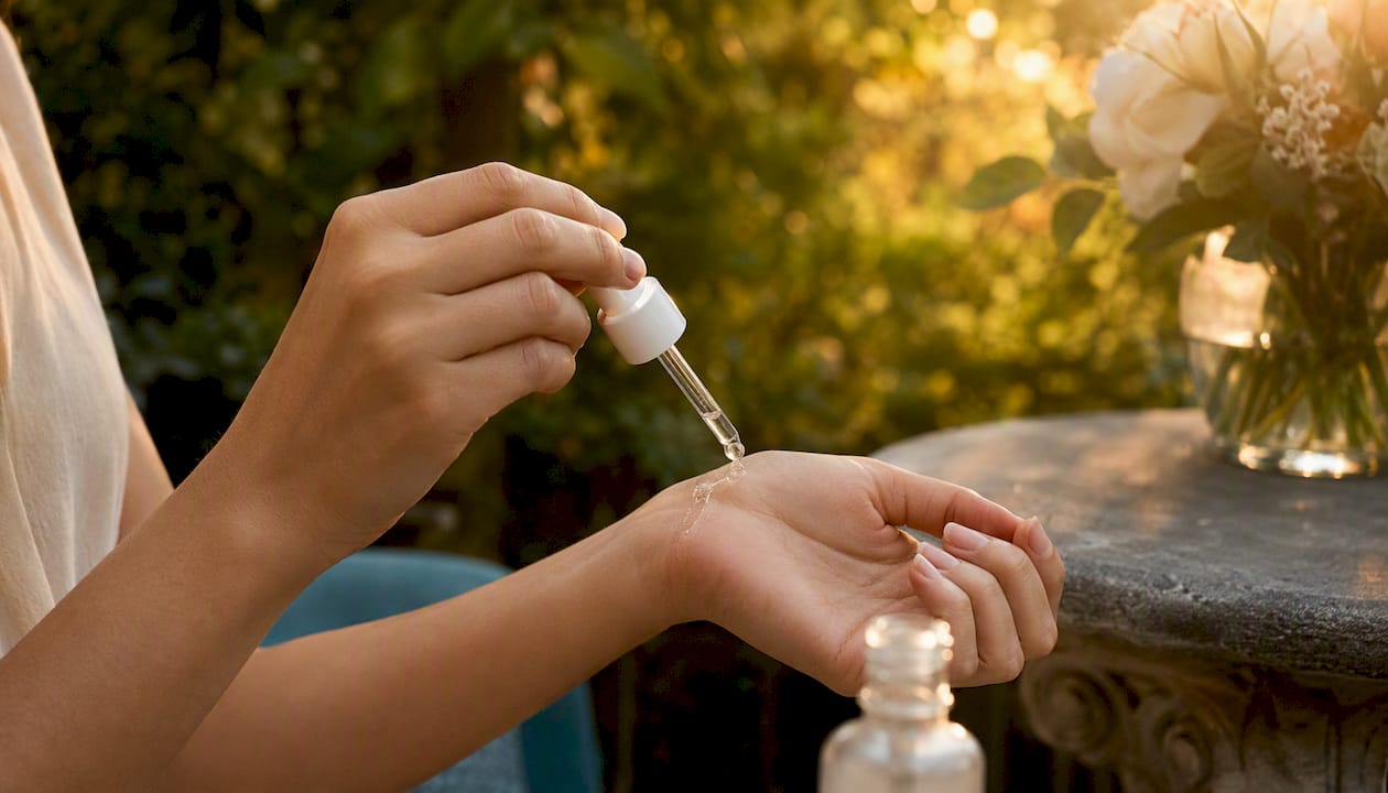 Hands applying serum in skincare layering routine