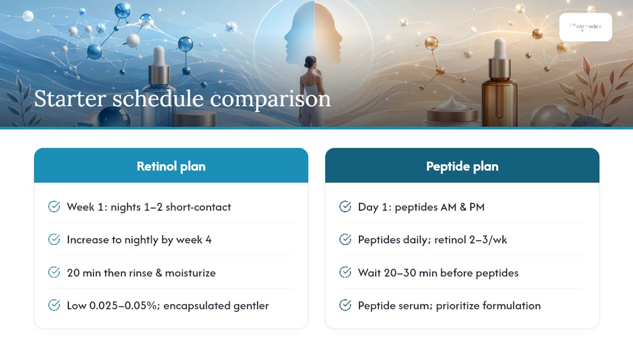 Comparison infographic of peptide and retinol starter schedules