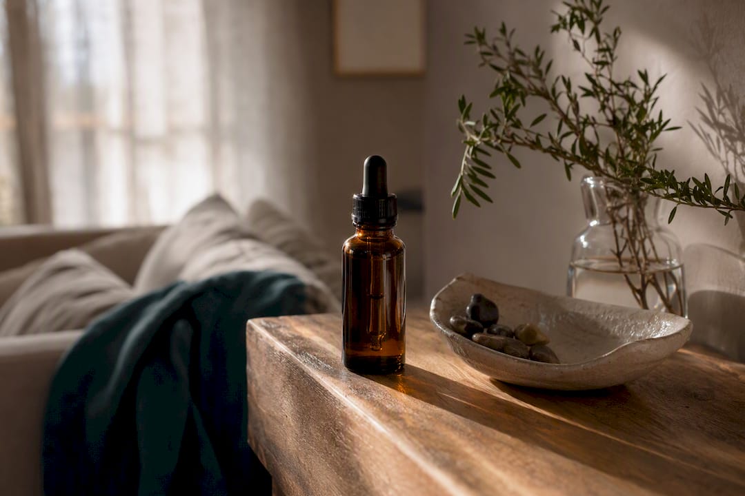 Dark glass bottle with dropper on vanity