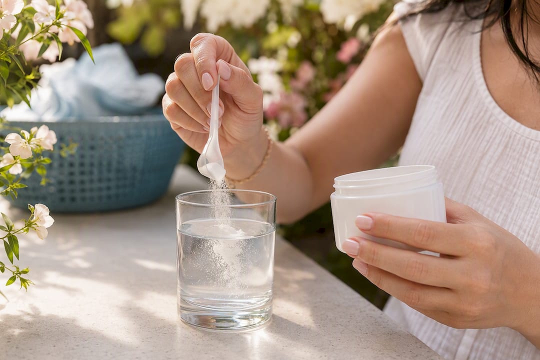 Woman measuring collagen powder into glass