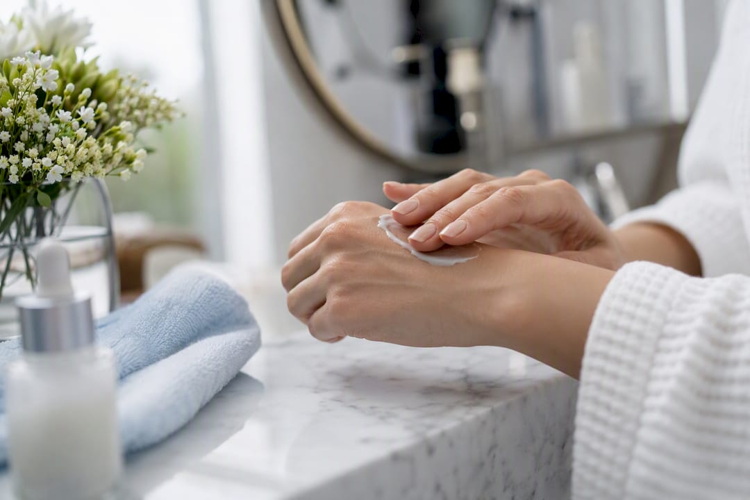 Hands layering cream on skin at vanity