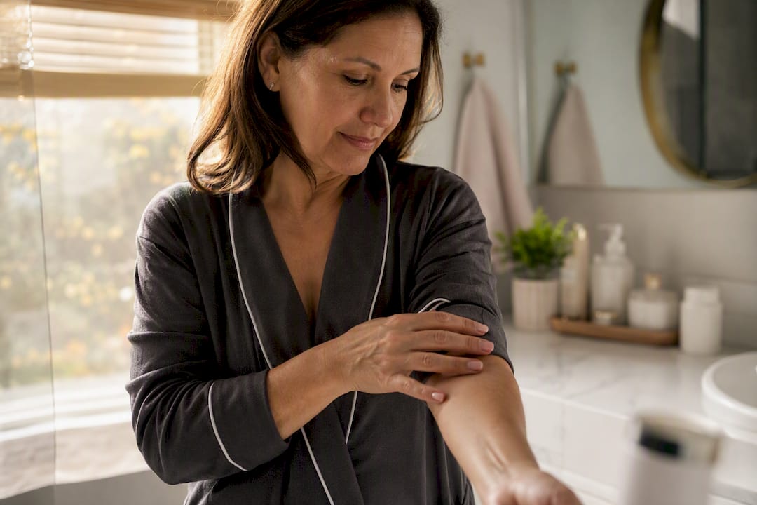 Woman applying serum on inner forearm for patch test