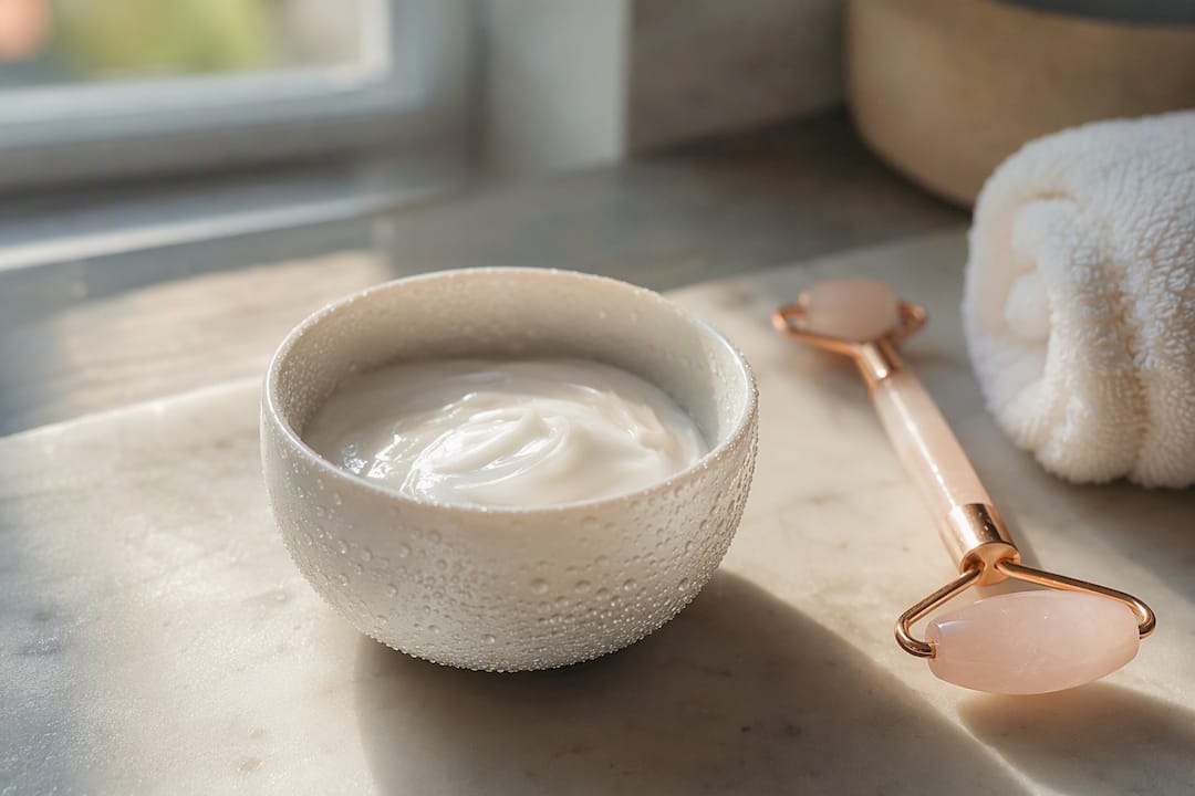 Chilled moisturizer cream bowl on bathroom counter