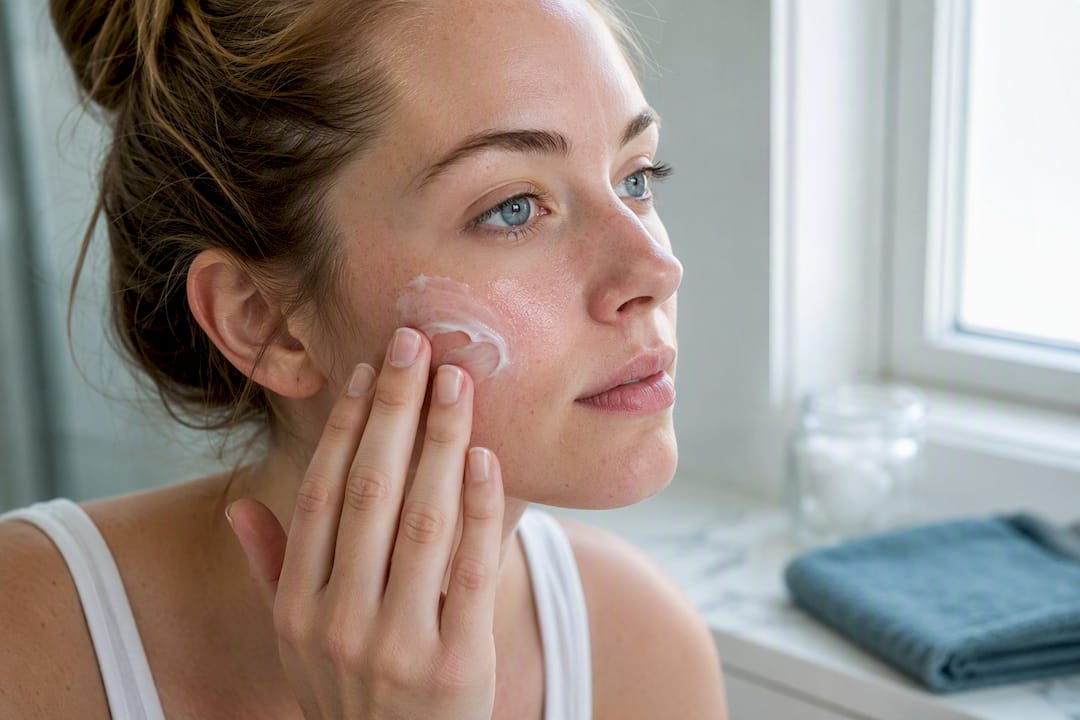 Hands applying moisturizer on irritated skin