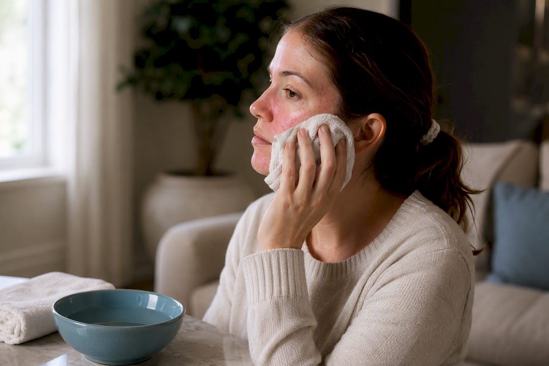 Woman using cool compress on cheek