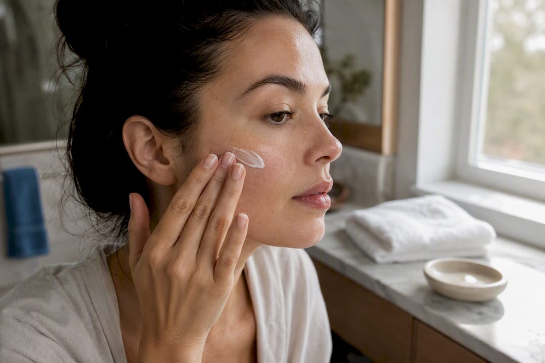 Hands applying moisturizer to cheek