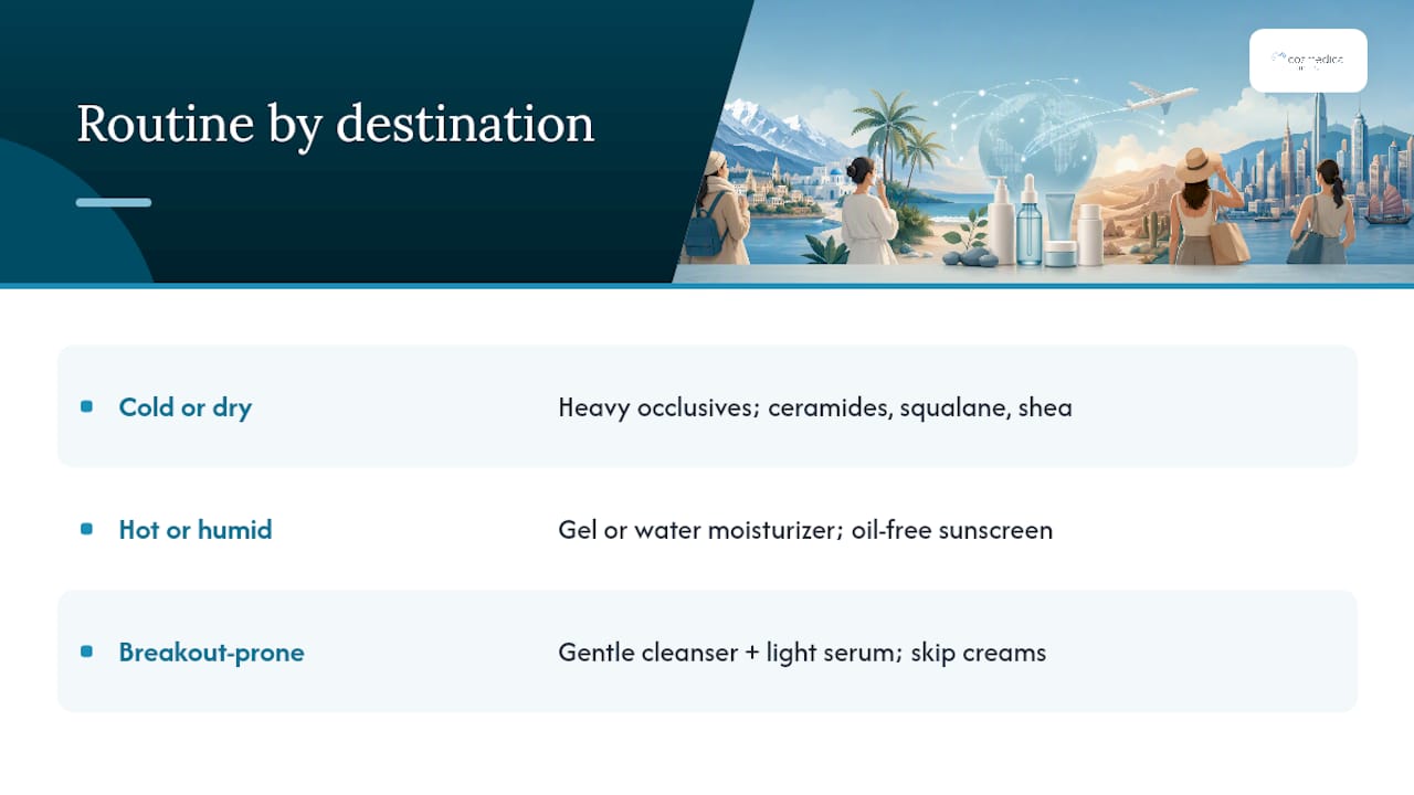 Skincare adjustments for three travel climates