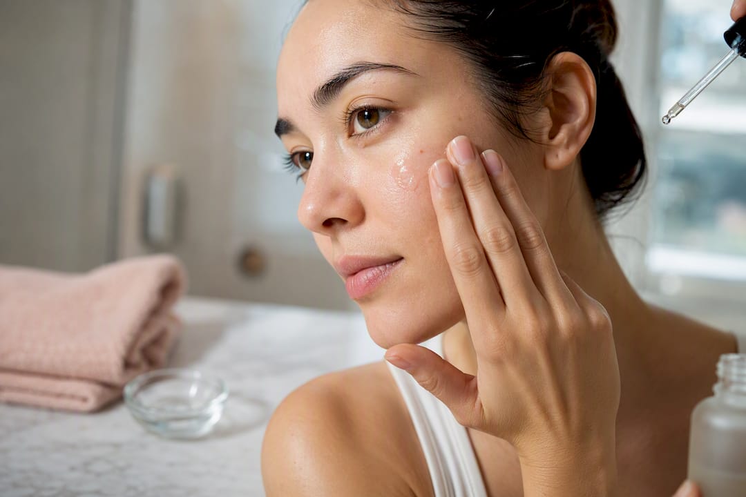 Woman applying a small amount of serum
