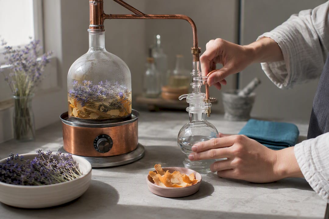 Botanicals beside an essential oil distillation setup