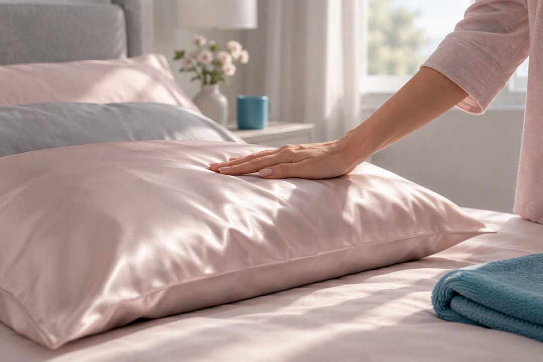 Hand smoothing a silk pillowcase