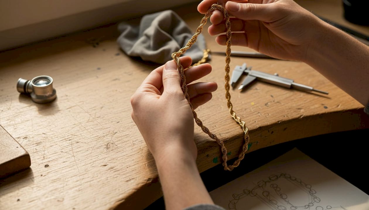 Hands holding rope chain necklace closeup