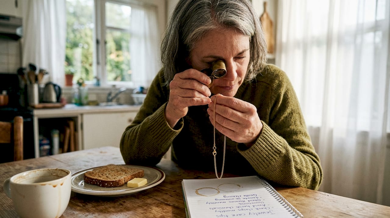Inspecting lobster clasp on gold chain