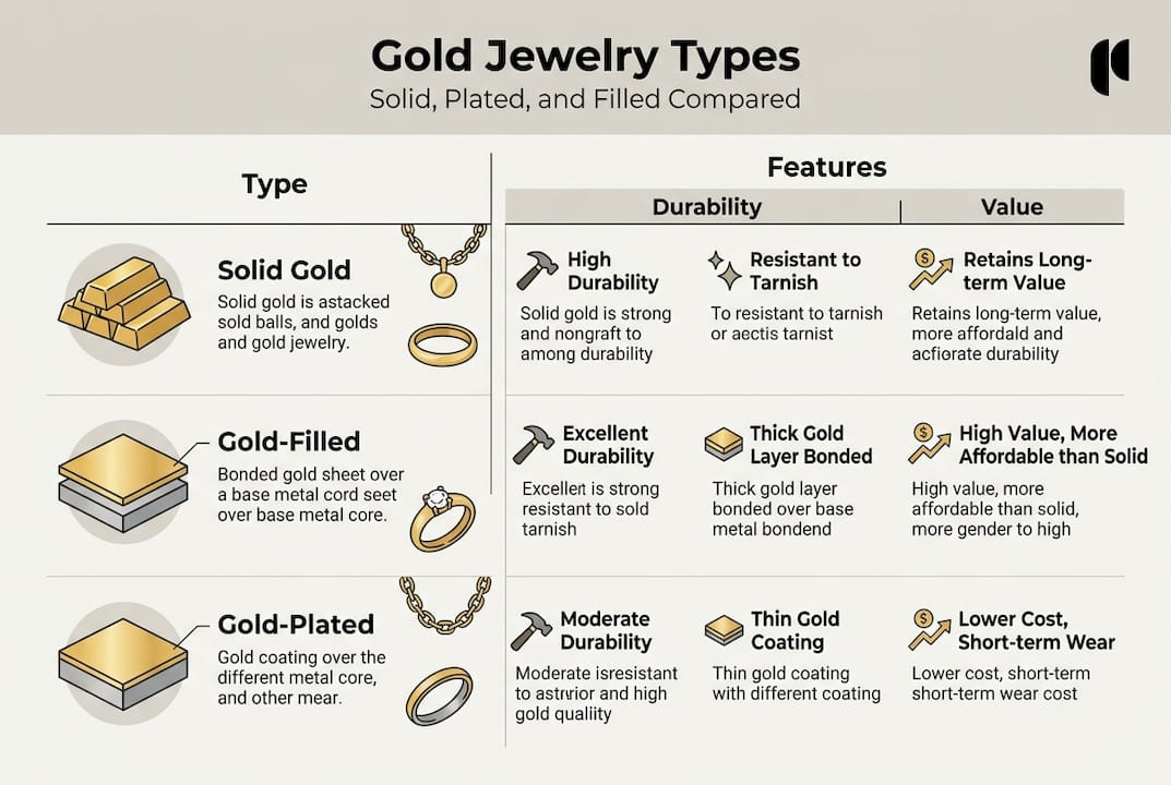 Infographic comparing types of gold jewelry