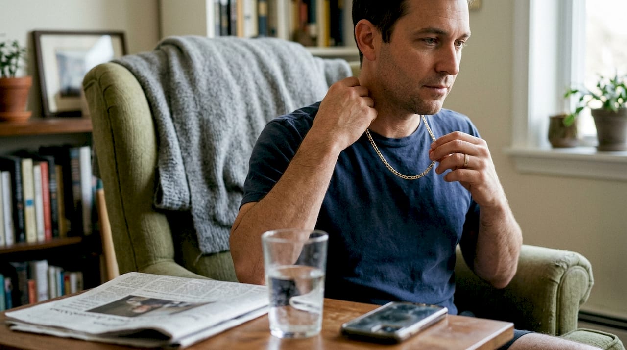 Man fastening gold chain in living room