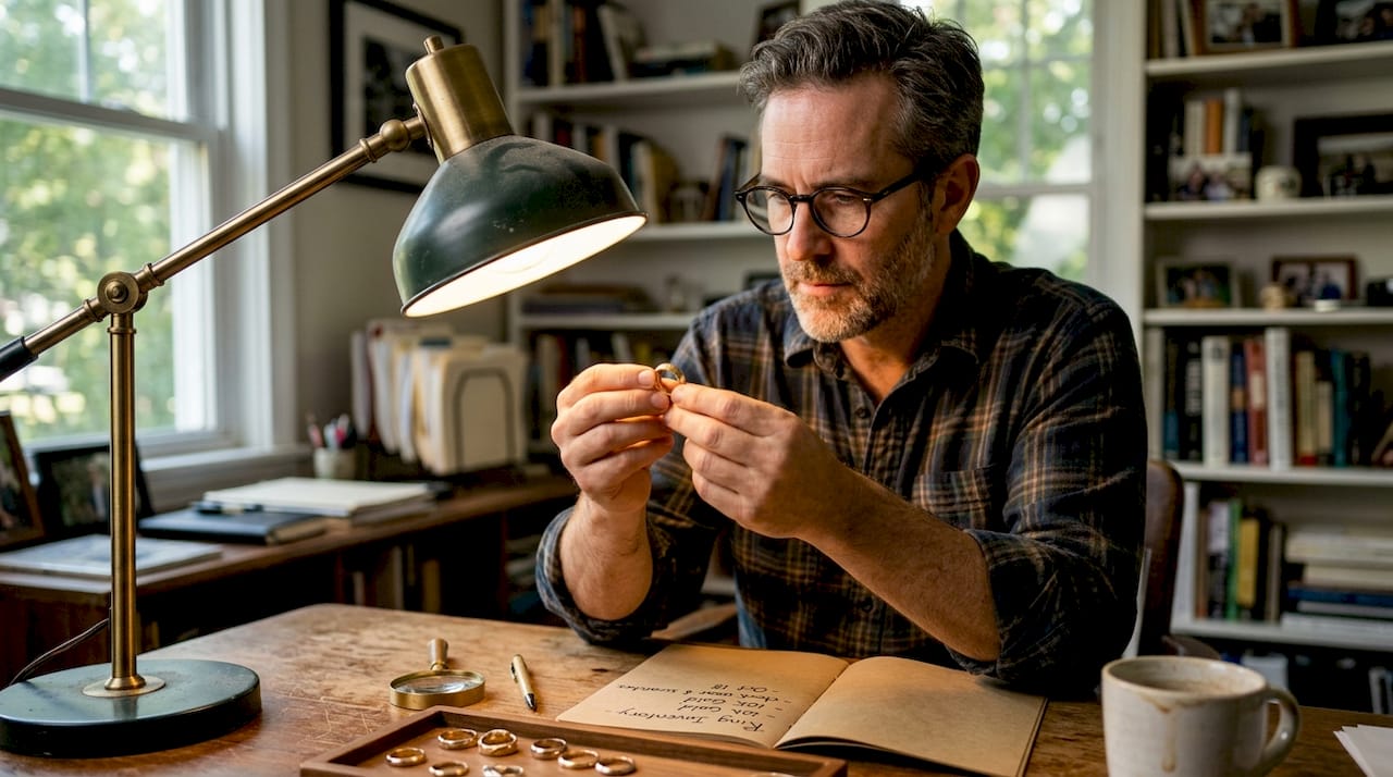Man checking 10K gold ring for scratches