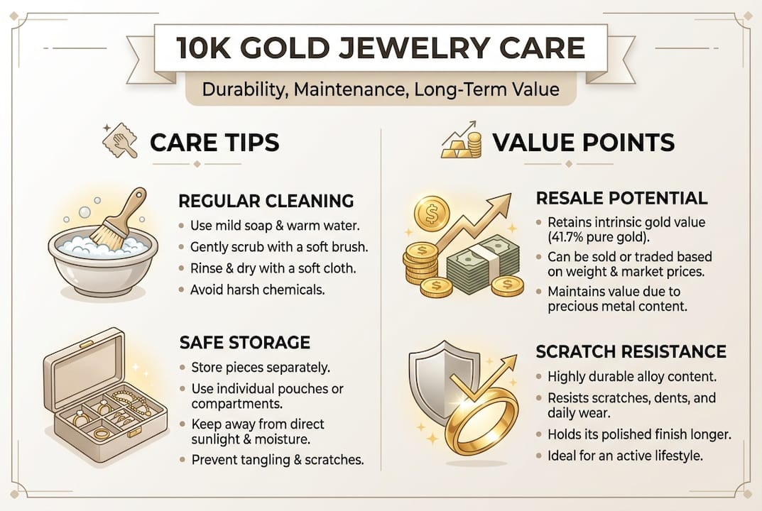 Infographic on 10K gold jewelry care and value