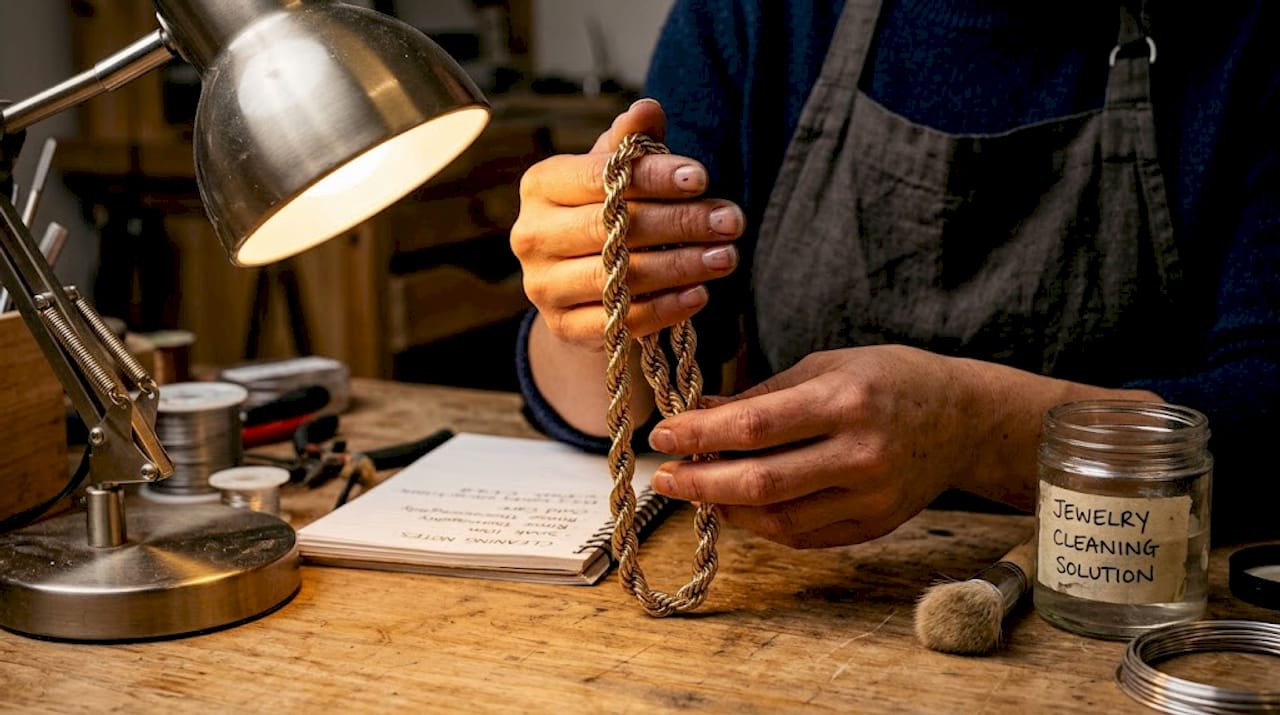 Hands holding gold rope chain with spiral links