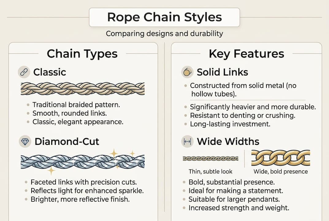 Infographic showing rope chain types and features