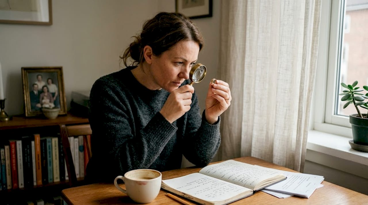 Woman inspecting gold hallmark with magnifier