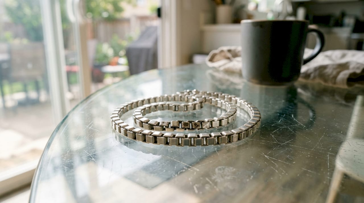 Closeup detail of box chain necklace links