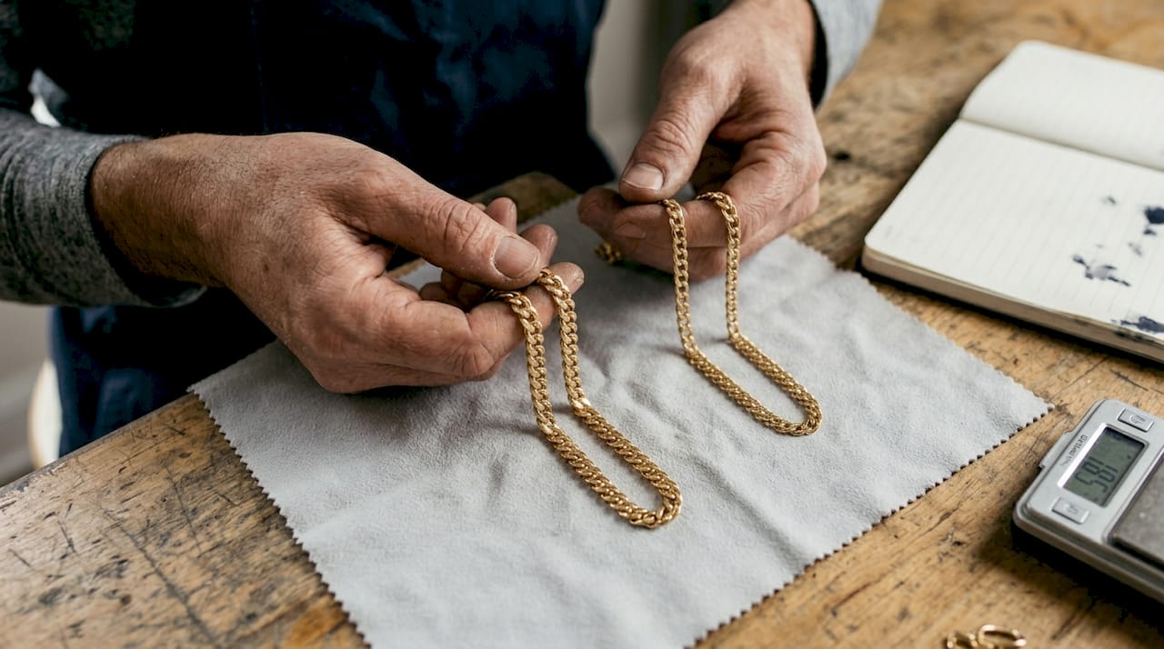 Artisan examines solid and hollow gold chains