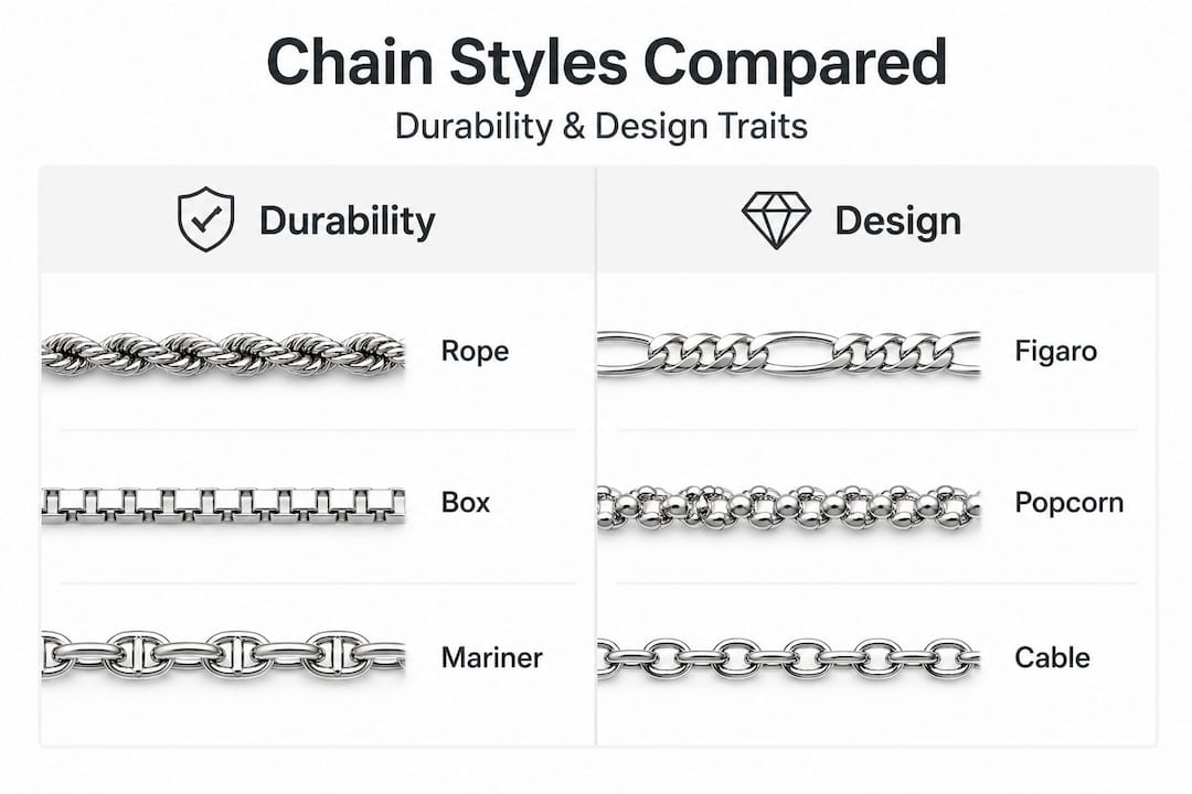 Infographic comparing chain styles by durability and design