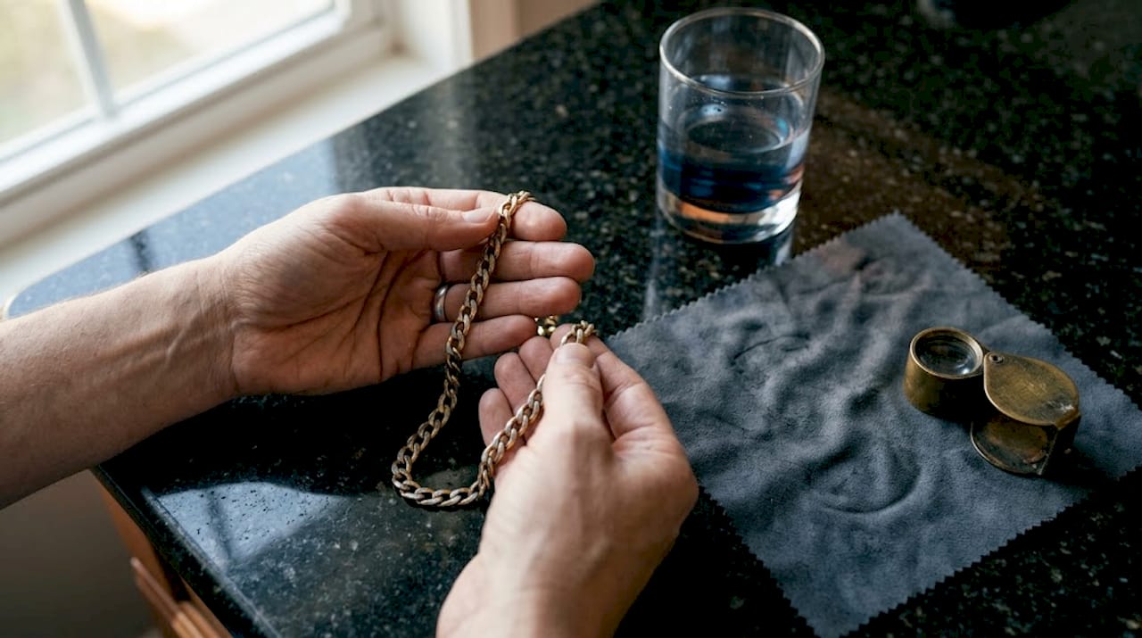 Hands inspecting a worn gold-plated chain