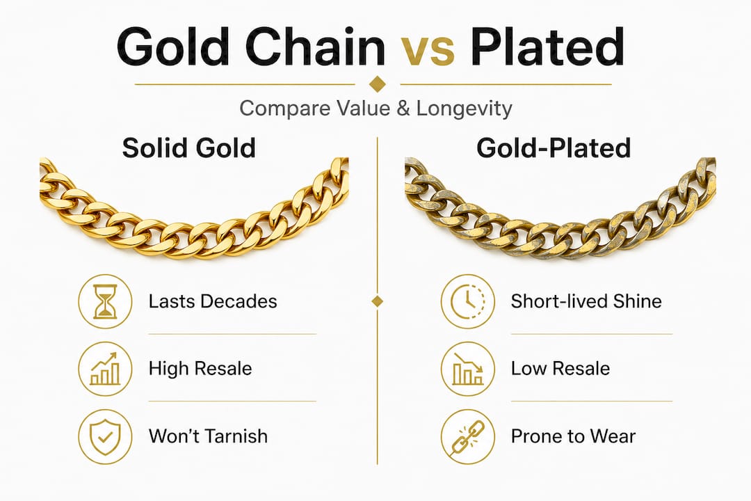 Infographic comparing solid gold and gold-plated chains
