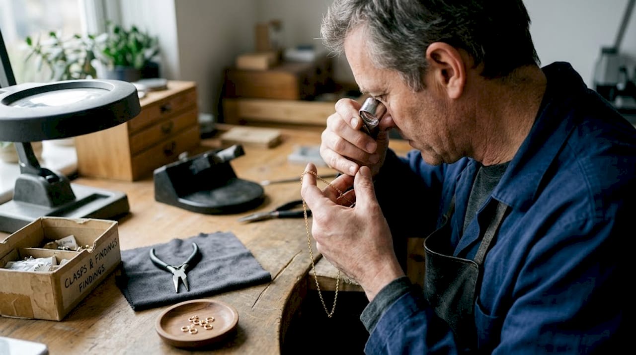 Jeweler inspecting gold chain necklace at workbench