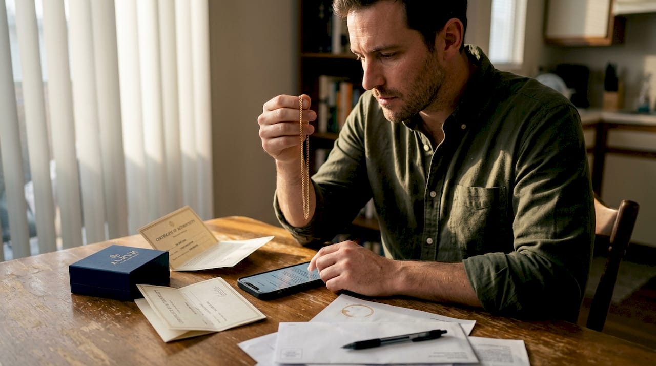 Man checking gold chain authenticity with documents