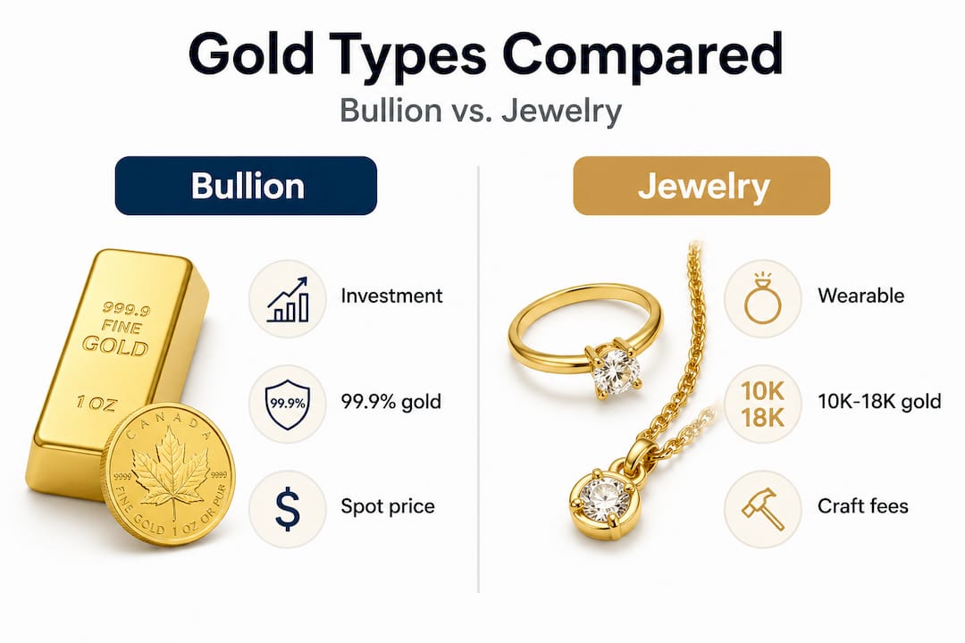 Infographic comparing bullion and gold jewelry features