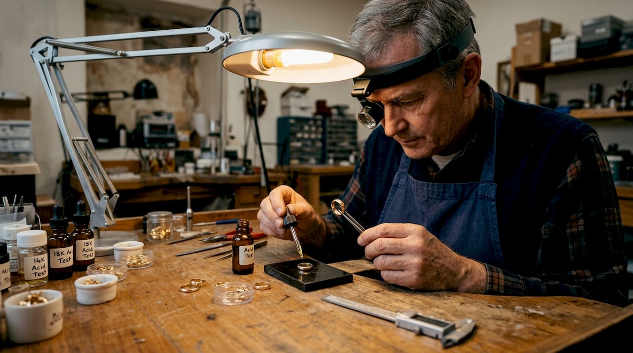 Jeweler testing gold ring for karat content