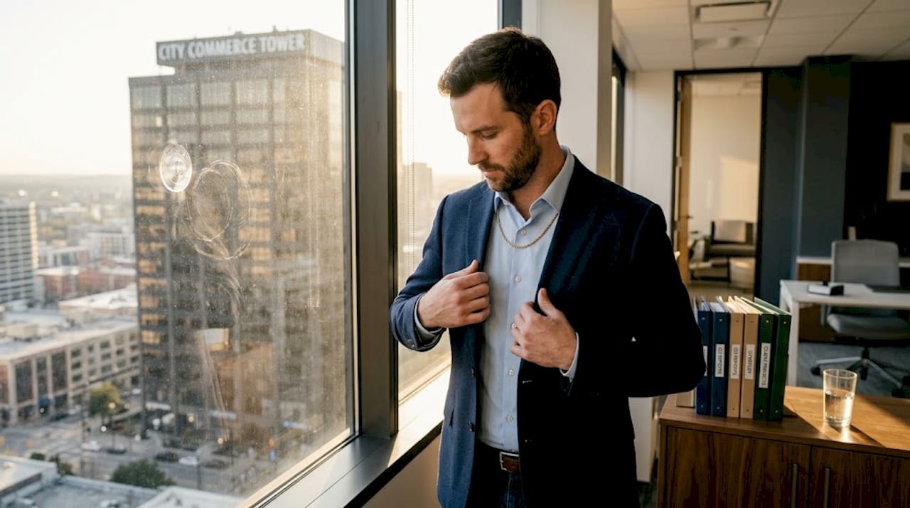 Man by office window adjusting blazer with rope chain