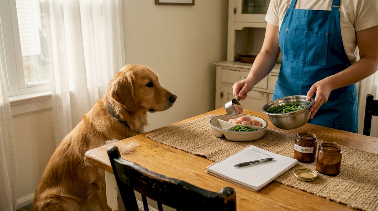 Dog watching owner portion raw meal