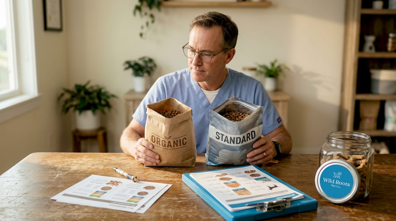 Veterinarian reviewing organic versus standard pet food