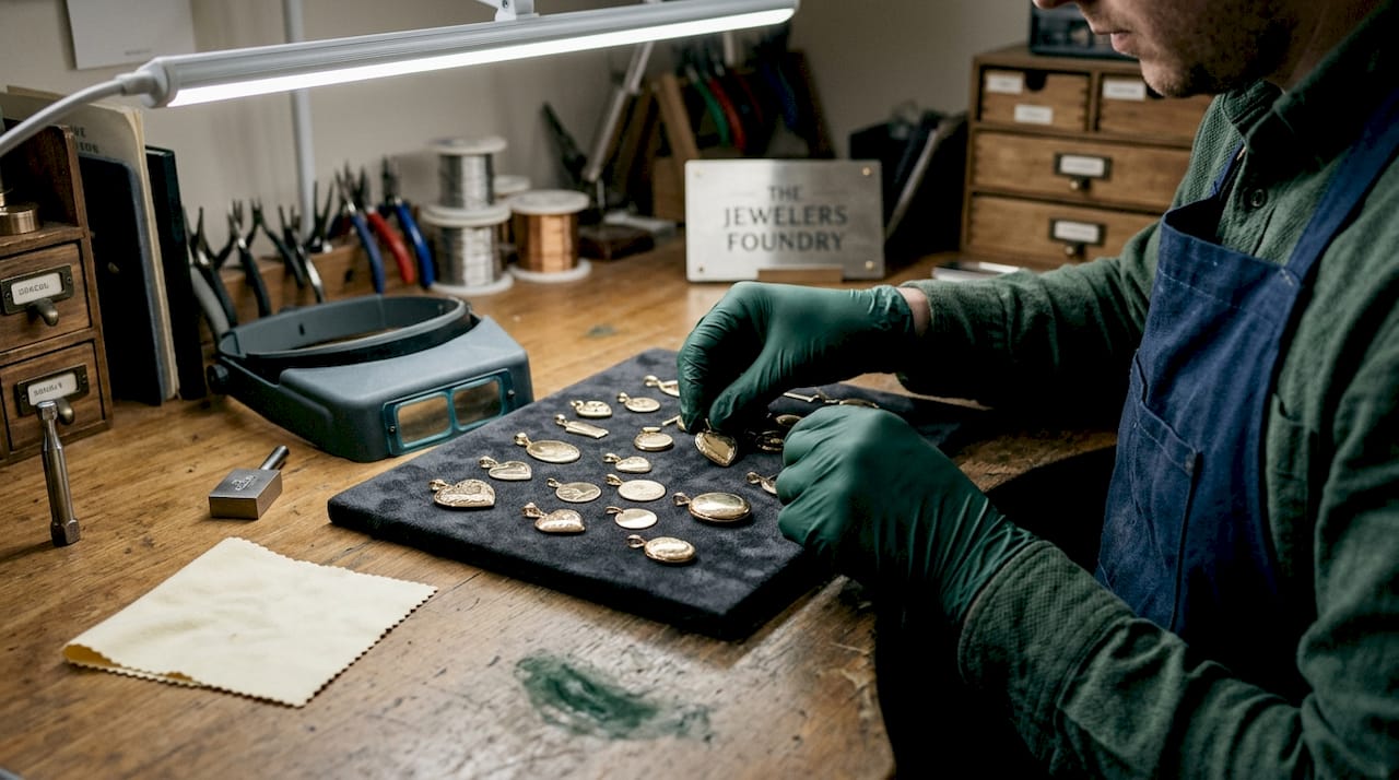 Jeweler sorting classic gold pendants