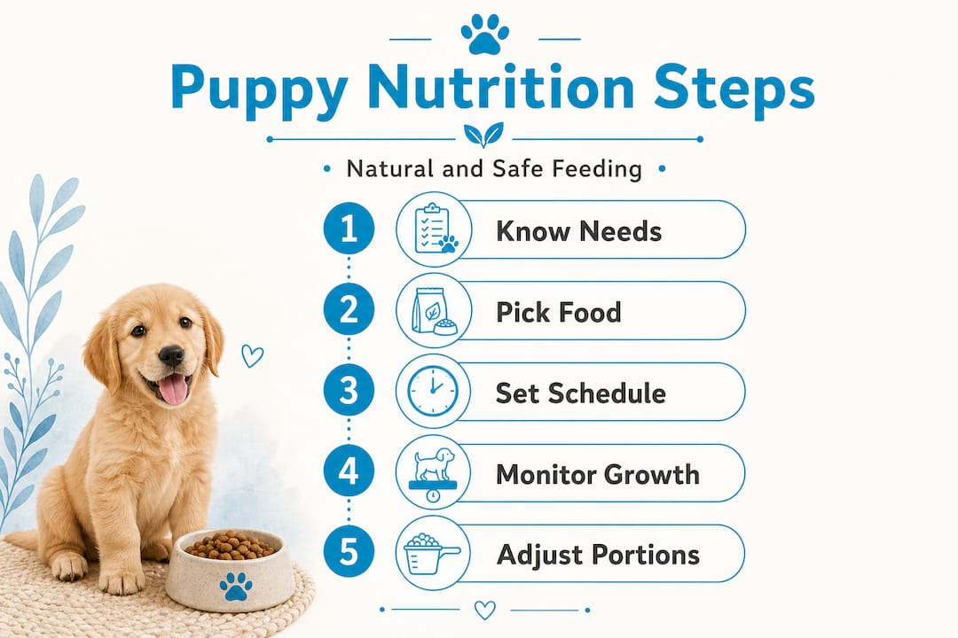 Infographic steps for puppy nutrition workflow