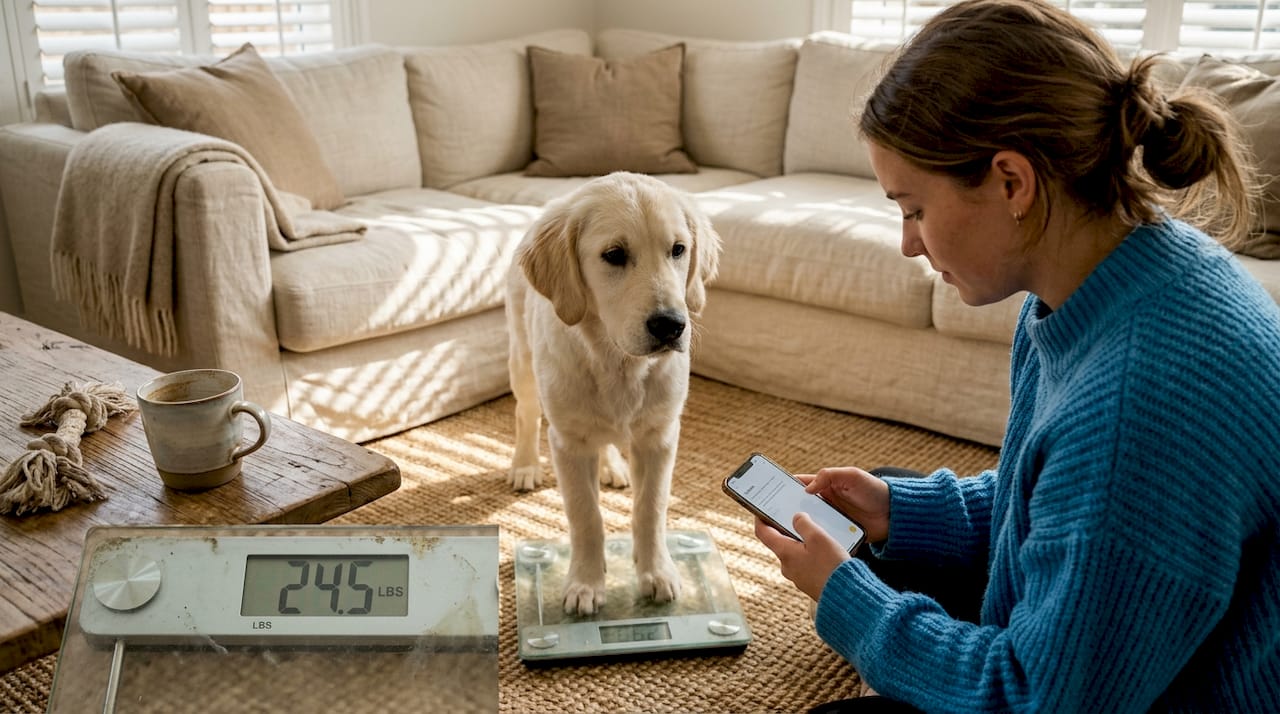 Owner weighing puppy on home scale