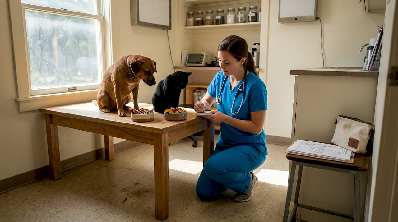 Veterinarian with dog and cat sampling natural treats