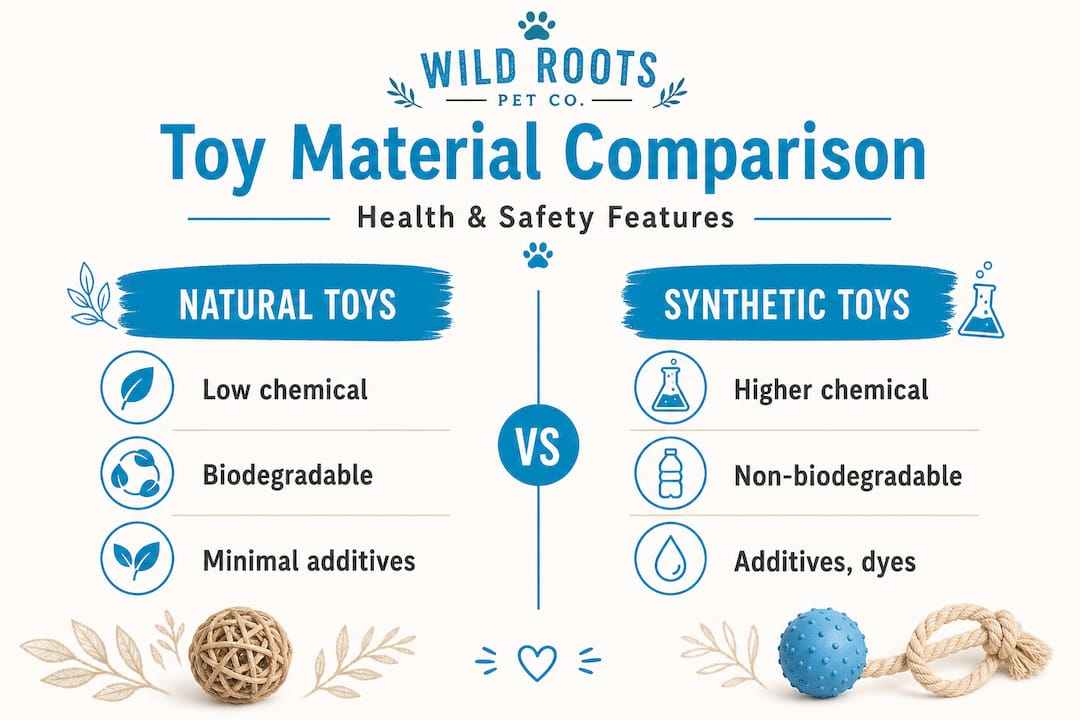 Infographic comparing natural and synthetic pet toy safety