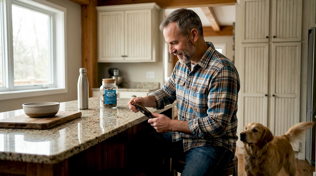 Man testing dog chew hardness at kitchen island